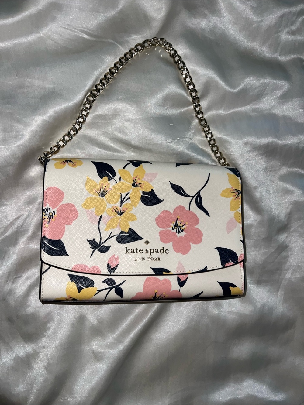 kate spade Floral Leather Shoulder Bag in White with Pink and Yellow Blossoms